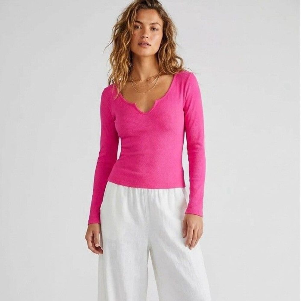 Eye Candy Top Sz Large XL Long Sleeve V neck Pullover Ribbed Pink Y2k Coquette